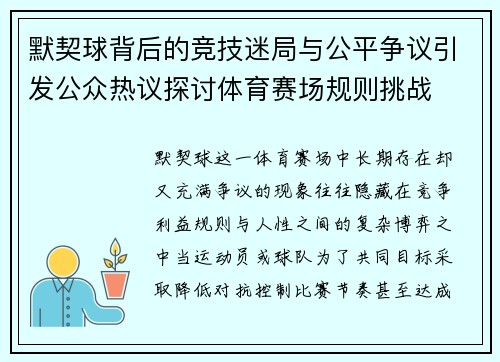 默契球背后的竞技迷局与公平争议引发公众热议探讨体育赛场规则挑战